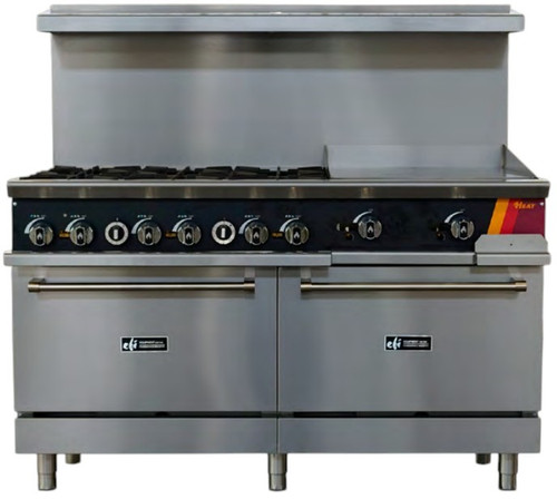 EFI Sales - 60" Natural Gas Range w/ 2 Ovens, 6 Open Burners & 24" Thermostat Griddle - HRG60-24GT-6B-N