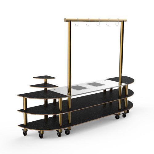Mogogo - Modular 130" x 29.5" x 96" Black Marble / Brushed Brass Streamline Arch Induction Station W/ Casters - MGCMLD05MBXW