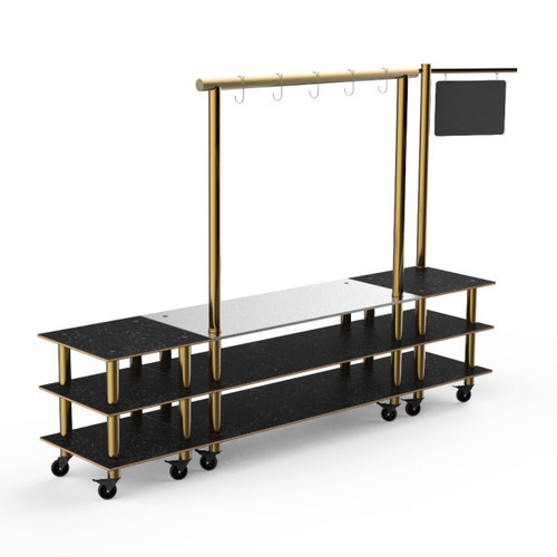 Mogogo - Modular 130" x 29.5" x 96" Black Marble / Brushed Brass Pro Salsa Bar Station W/ Casters - MGCMLA02MBXW