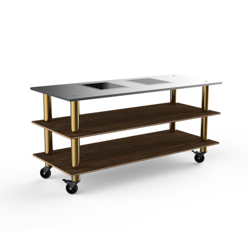 Mogogo - Modular 71" x 29.5" x 35" Mango Wood / Brushed Brass Pro Cooking Induction Station W/ Brushed Stainless Steel Top & Casters - MGCMLD01WBXW