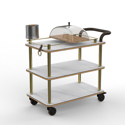 Mogogo - Roll'n 41" x 21" x 40.5" White Carrera / Brushed Brass Cheese Plate & Wine Cart W/ Leather Handle - MGCRNX04CBXX