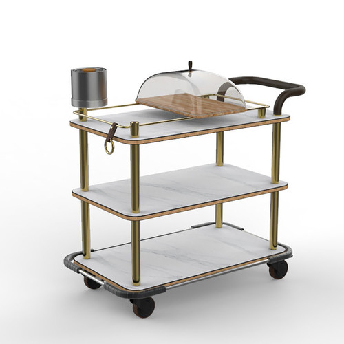 Mogogo - Roll'n 42.5" x 24" x 40.5" White Carrera / Brushed Brass Cheese Plate & Wine Cart W/ Bumper & Leather Handle - MGCRNX14CBXX