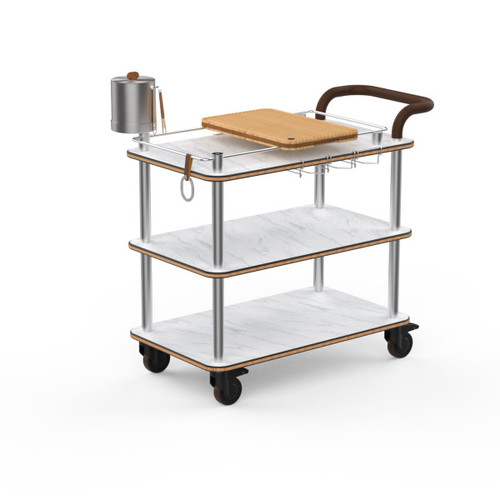 Mogogo - Roll'n 41" x 21" x 40.5" White Carrera / Brushed Stainless Steel Mixology Cart W/ Leather Handle - MGCRNX03CSXX