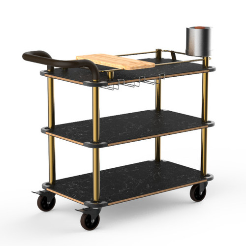 Mogogo - Roll'n 41.5" x 21" x 40.5" Black Marble / Brushed Brass Mixology Cart W/ Bumper & Leather Handle - MGCRNX03MBXX