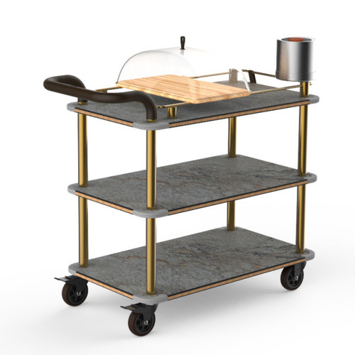 Mogogo - Roll'n 41" x 21" x 40" Grey Slate / Brushed Brass Cheese Plate & Wine Cart W/ Bumper & Leather Handle - MGCRNX04GBXX