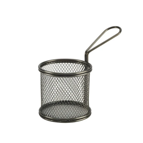 Genware - 6.75" x 3.6" x 5.6" Black Stainless Steel Round Serving Fry Basket (6 Per Case) - GWSVBR09BK