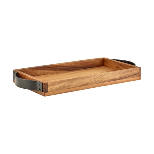 Genware - 12.8" x 6.8" Wood Serving Tray W/ Metal Handles (12 Per Case) - GWWST3217