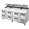 True - 93" Stainless Steel Pizza Prep Table w/ 6 Drawers & 12 Pans - TPP-AT-93D-6-HC