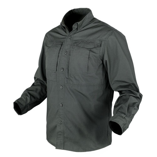 TAC-PRO SHIRT
Lightweight and stretchable ripstop fabric
Two chest pockets with hook & loop flap closure
Hidden chest pocket with zipper closure
Collar stay button for professional look
Underarm vent with mesh fabric
Mesh lined pockets for added ventilation
Material:
65% Polyester, 35% Cotton
Imported