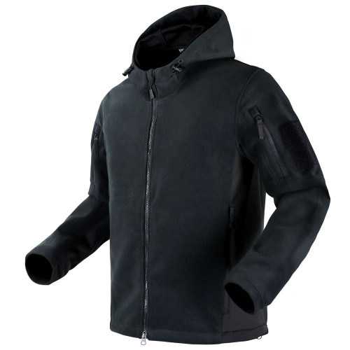 MERIDIAN FLEECE HOODY (BLACK)
Full front center zipper with dual sliders
Full length storm flap with chin guard
Two hand pockets with zipper closure
Two bicep pockets with zipper closure
3.5”W x 4.25”H loop panels on the sleeves
Two inner drop-in pockets
Mesh lined hood with hidden draw string
Elastic cinch cord at hem
Hidden thumb hole
Imported