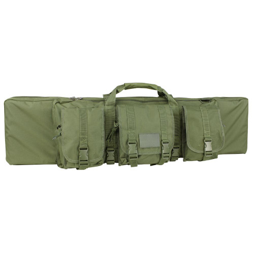 42" SINGLE RIFLE CASE
Lockable zipper on main and secondary compartments
Accommodates one rifle up to 42" long with two hook and loop straps to secure rifle
Removable padded internal divider
Secondary Compartment with two internal pockets
Padded sling strap
Modular exterior pouches
2x Small utility pouch (#191044)
1x Large utility pouch (#MA53)
0.75" Interior foam padding
Imported
Overall dimension: 13"H x 43"W x 3"D
Main compartment: 13"H x 37"W x 2"D
Secondary compartment: 13"H x 26"W x 1"D
