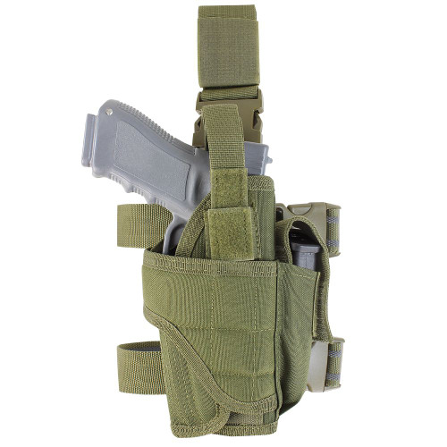 TORNADO TACTICAL LEG HOLSTER
Wrap-around design to fit a variety of pistols
Retention system with additional hook and loop strap to secure weapon
Adjustable leg strap with anti-slip rubber lining and quick release buckle
One pistol mag pouch with adjustable flap
Adjustable strap to secure weapon
Imported
Size:
Fully Adjustable; Will fit medium or large size pistols