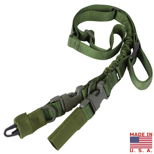 STRYKE SINGLE BUNGEE CONVERSION SLING
Coverts from two point to single point sling
Single bungee construction
Transition-loc with pull-tab allows seamless and quick shoulder transition
HK snap hook adapter covered with elastic sleeve
Quick-release buckle to release adapter and sling
1 1/4" inch webbing, with Duraflex buckles (Heavy duty MOJAVA, part #9094 & #9095)
Size:
One size fits most
Made in USA