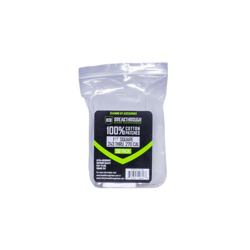 Breakthrough Clean Technologies Cotton Patches, 1.5" Square, 243 Thru 270 Caliber, 50-Pack