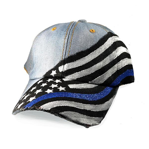 Women's Hand Painted Hat - Thin Blue Line Flag