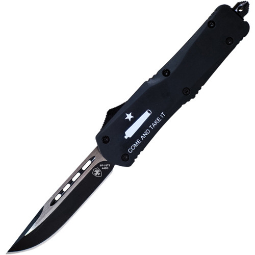 LARGE COME & TAKE IT "CANNON" DROP POINT OTF KNIFE BLACK BLADE