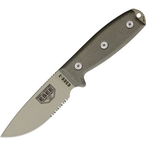 ESEE Knives Desert Tan Combo Edge, Rounded Pommel, OD Green Sheath, Clip Plate