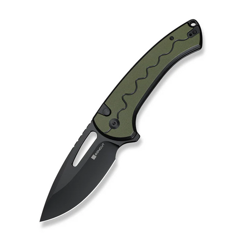 Sencut Squiggy Flipper & Thumb Hole & Button Lock Knife Black / Green G10 Handle-S24082A-2