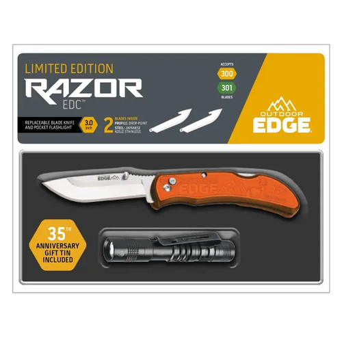 Outdoor Edge Razor Carry 3"" W/ Flashlight & Tin 2blds-P24RX30FL-2T