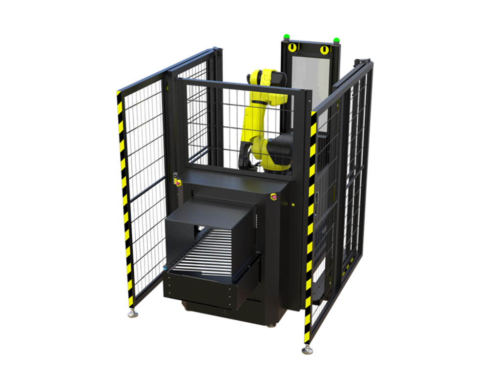 beROBOX - All-in-One Palletizing Work Cell, 35kg - PALTZ.i35, 2 Pallet Zones w/Conveyor, 84" Stack Height (Vertical Lift), Collapsible Fencing, Includes Fanuc M-20iD/35