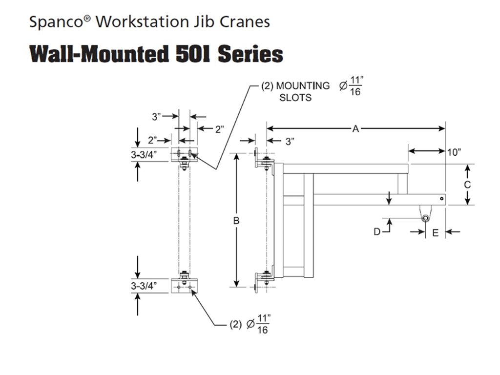 Spanco Wall-Mounted Workstation Jib Crane 501 Series Dimension Key