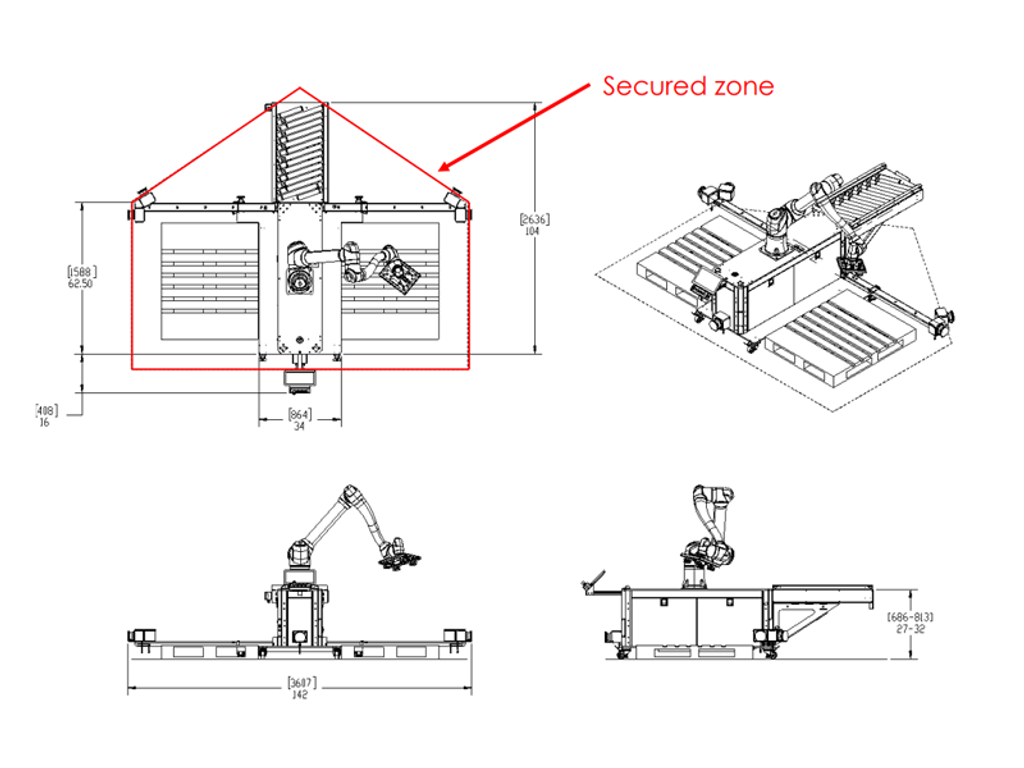 beROBOX - All-in-One Palletizing Work Cell, 20kg - PALTZ.17csv, 2 Pallet Zones w/Conveyor, 105" Stack Height (Vertical Lift), Safety Sensors, Includes Doosan H2017