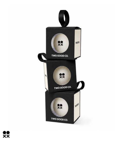 Two Good Co Good Feels Bauble gift boxes stacked with black ribbon