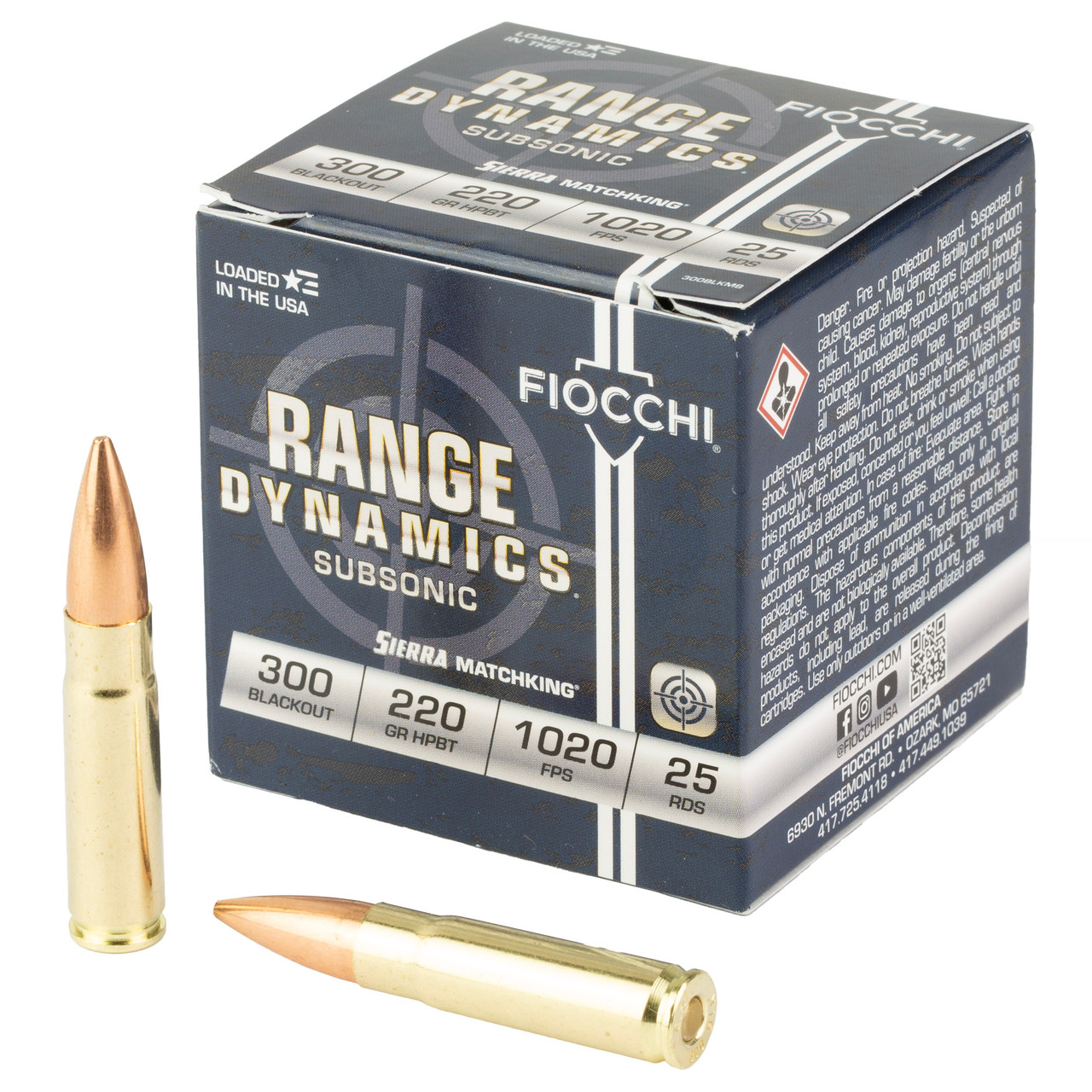 Fiocchi Ammunition Range Dynamics, Subsonic, 300 Blackout, 220 Grain, Boat Tail Hollow Point Matchking, 25 Round Box 300BLKMB