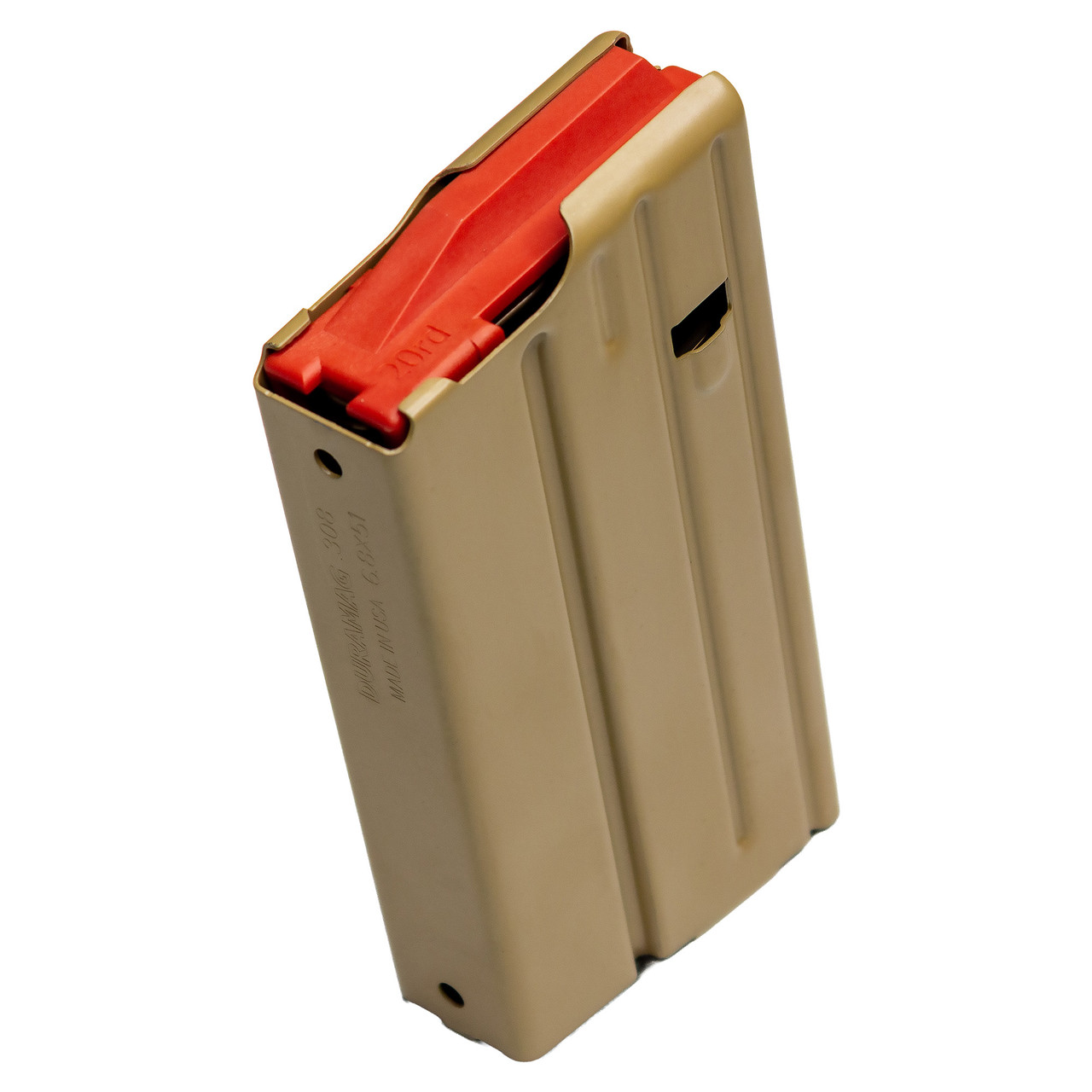 DURAMAG DuraMag SS, Magazine, 308 Winchester/6.8X51, 20 Rounds, Fits SR25/DPMS Pattern AR10 Rifles, Orange AGF Follower, Stainless Steel, Flat Dark Earth 2008049178CPD