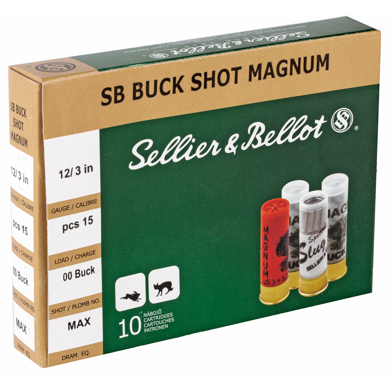 Sellier & Bellot Shotshell, 12 Gauge, 3", 00 Buck, 15 Pellets, 10 Round Box SB12BSA