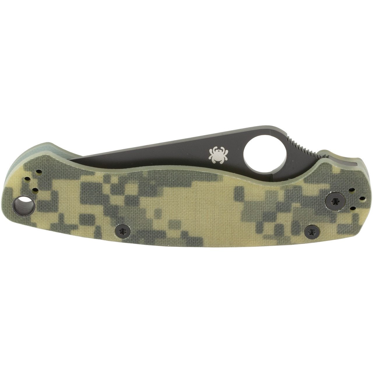Spyderco Para Military 2, Folding Knife, 3.438" Blade, Clip Point, Plain Edge, CPM-S45V With Black DLC Finish, Camo G-10 Frame, Circle Thumb Hole/Pocket Clip C81GPCMOBK2