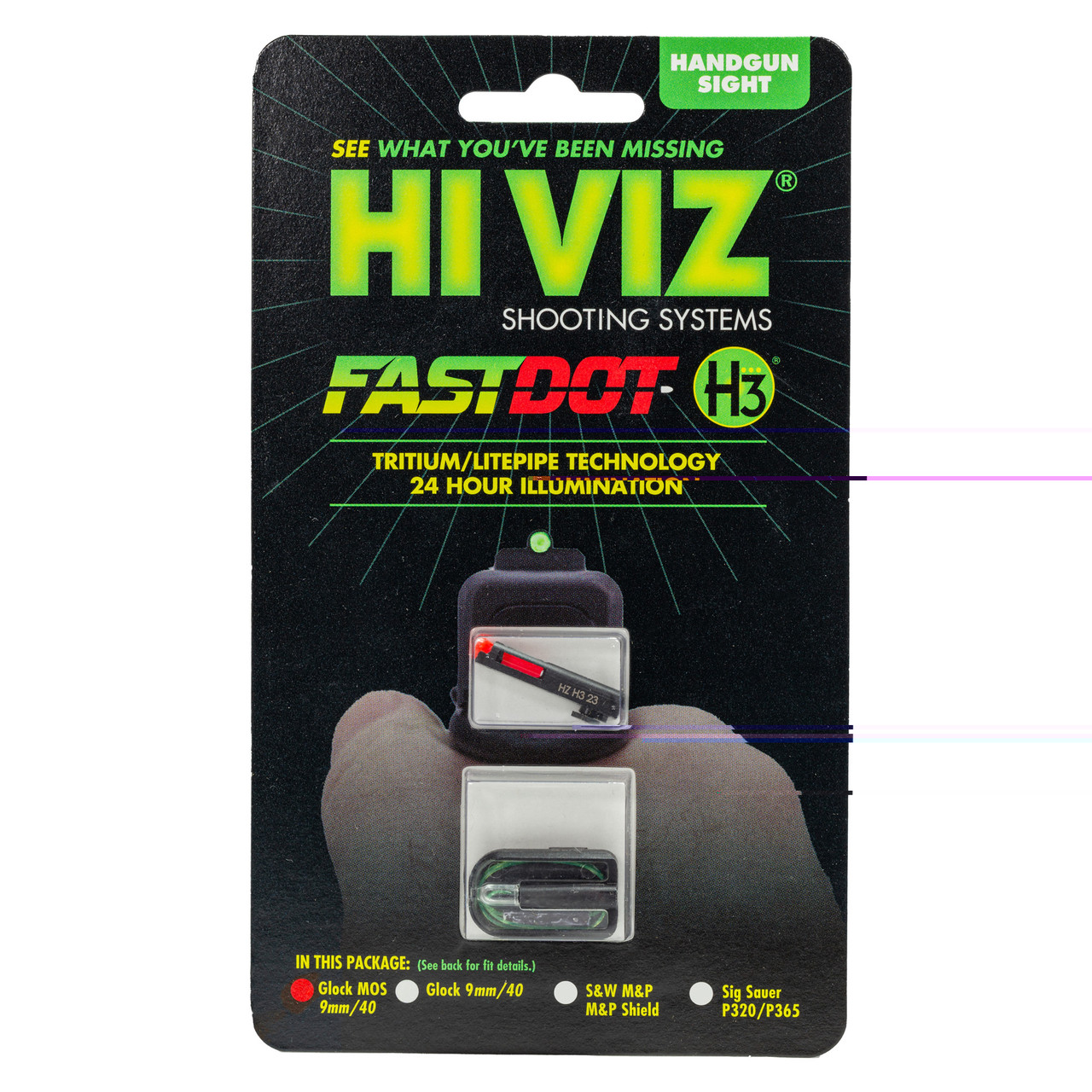 Hi-Viz FASTDOT H3, Fits Glock 9/40SW/357Sig, Tritium/Fiber Optic Night Sights, Red Front With Green Rear GLFD21