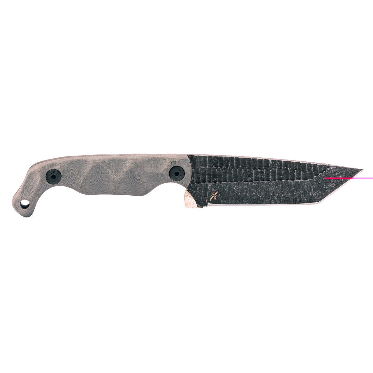 Stroup Knives Bravo 5 Tanto, Fixed Knife, 3.5" Tanto Blade, 7.75" Overall Length, 1095 High Carbon Blade Steel, Plain Edge, Acid Etched Finish, Black, Gray G-10 Handle, Includes Kydex Sheath B5T-GR-G10