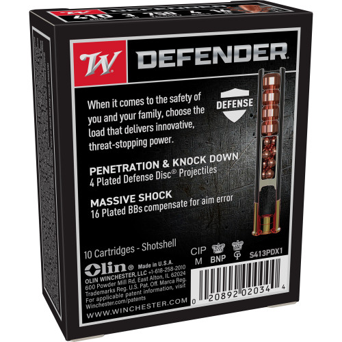 Winchester Ammunition Defender, Supreme Elite, 410 Gauge, 3" Buckshot, 3 Defense Discs, 12 BB Pellets, 10 Round Box S413PDX1