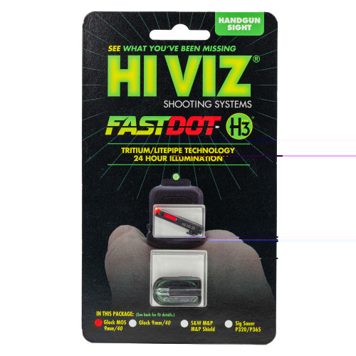 Hi-Viz FASTDOT H3, Fits Glock 9/40SW/357Sig, Tritium/Fiber Optic Night Sights, Red Front With Green Rear GLFD21