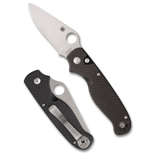 Spyderco ButtonUp Carbon Fiber, Folding Knife, 3.27" Clip Point Blade, 7.5" Overall Length, 8Cr13MoV Blade Steel, Plain Edge, Satin Finish, Silver, Black Carbon Fiber Handle, Button Lock C275CFP