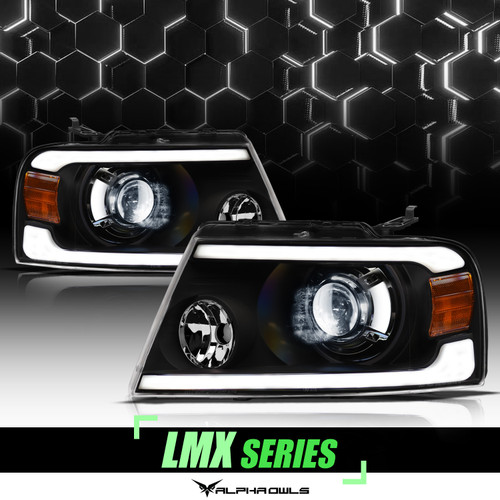 Alpha Owls 2004-2008 Ford F-150 LMX Series LED Projector Headlights (LED Projector Black housing w/ LumenX Light Bar) - 8707418