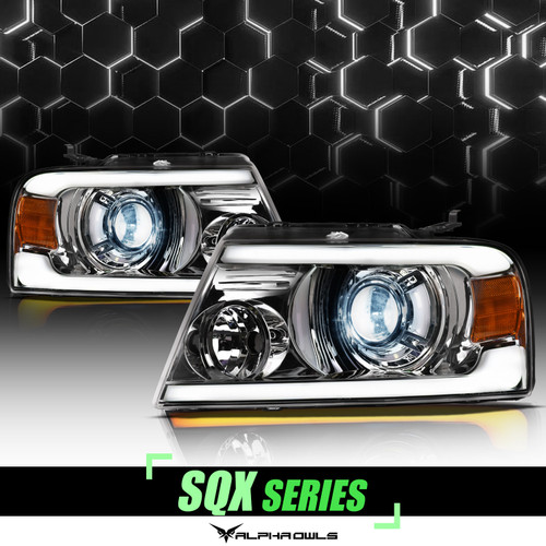 Alpha Owls 2004-2008 Ford F-150 SQX Series LED Projector Headlights (LED Projector Chrome housing w/ Sequential Signal/LumenX Light Bar) - 8707449