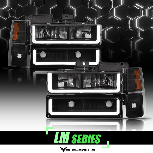 Alpha Owls 1994-1999 Chevy/GMC C/K Suburban Tahoe Series LM Series Headlights (Crystal Headlights Black housing w/ LumenX Light Bar) - 8709450