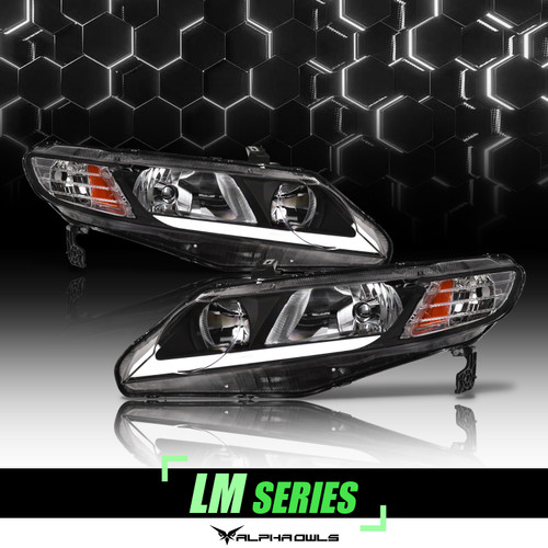 Alpha Owls 2006-2011 Honda Civic 4DR LM Series Headlights (Crystal Headlights Black housing w/ LumenX Light Bar) - 8709498