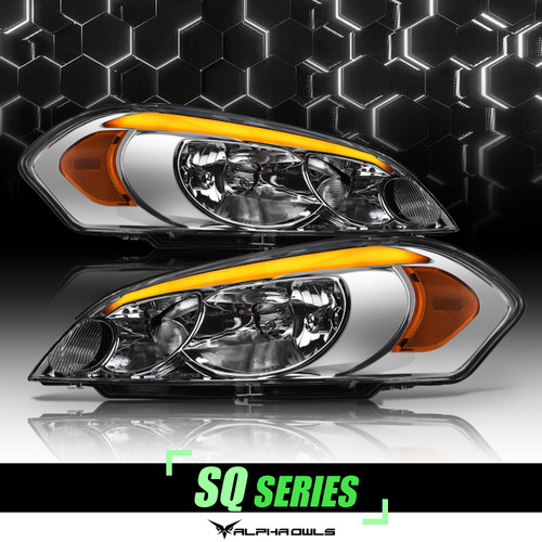 Alpha Owls 2006-2013 Chevy Impala SQ Series Headlights (Crystal Headlights Chrome housing w/ Sequential Signal/LumenX Light Bar) - 8709566