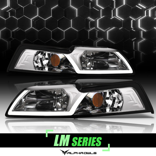 Alpha Owls 1999-2004 Ford Mustang LM Series Headlights (Crystal Headlights Chrome housing w/ LumenX Light Bar) - 8709580