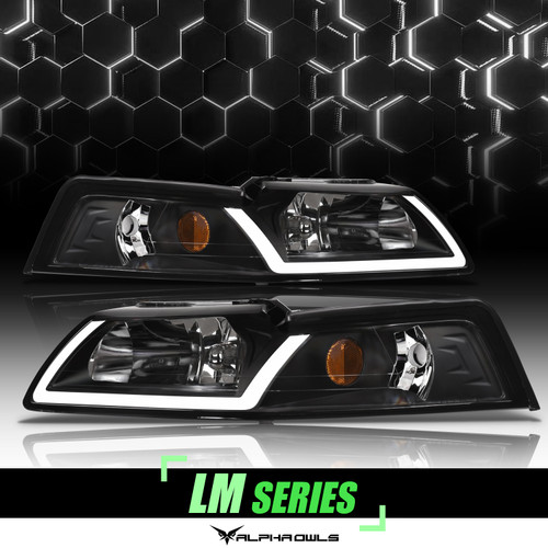 Alpha Owls 1999-2004 Ford Mustang LM Series Headlights (Crystal Headlights Black housing w/ LumenX Light Bar) - 8709597