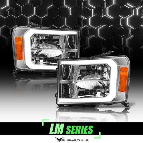 Alpha Owls 2007-2013 GMC Sierra LM Series Headlights (Crystal Headlights Chrome housing w/ LumenX Light Bar) - 8709627