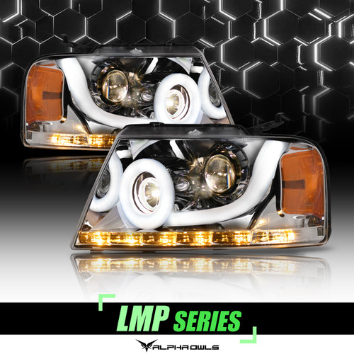 Alpha Owls 2004-2008 Ford F-150 LMP Series Headlights (Halogen Projector Chrome housing w/ LumenX Light Bar) - 8709788