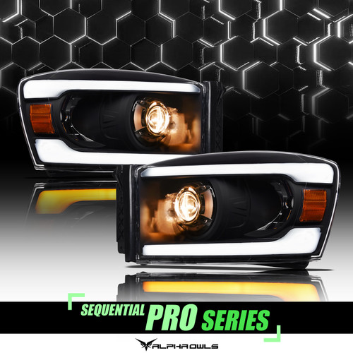 Alpha Owls 2006-2008 Dodge Ram SQP Series Headlights (Halogen Projector Black housing w/ Sequential Signal/LumenX Light Bar) - 8709825