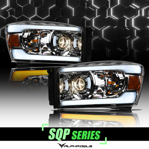 Alpha Owls 2006-2008 Dodge Ram SQP Series Headlights (Halogen Projector Chrome housing w/ Sequential Signal/LumenX Light Bar) - 8709832