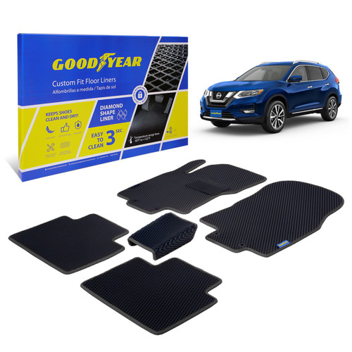 Goodyear Custom Fit Car Floor Liners for Nissan Rogue 2014-2020 Black/Black 5 Pc. Set All-Weather Diamond Shape Liner Traps Dirt Liquid Rain and Dust Precision Interior Coverage - GY004030 - GY004030