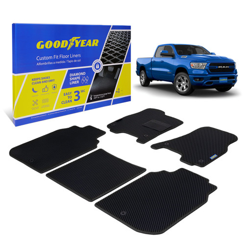 Goodyear Custom Fit Car Floor Liners for Dodge Ram 1500 2019-2021 Crew Cab Black/Black 5 Pc. Set All-Weather Diamond Shape Liner Traps Dirt Liquid Precision Interior Coverage - GY004033 - GY004033