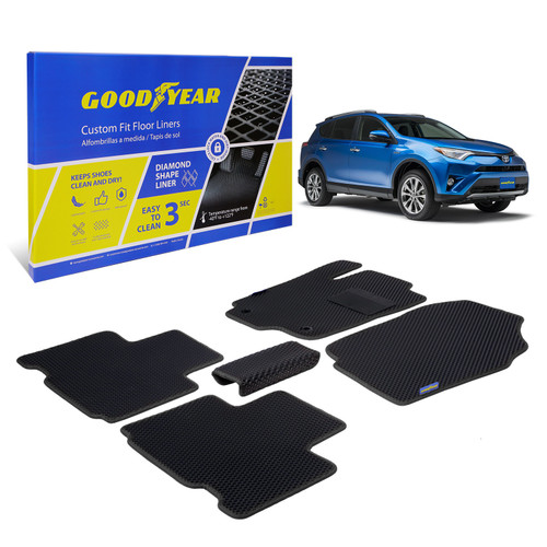 Goodyear Custom Fit Car Floor Liners for Toyota RAV4 2013-2018 Black/Black 5 Pc. Set All-Weather Diamond Shape Liner Traps Dirt Liquid Rain and Dust Precision Interior Coverage - GY004036 - GY004036